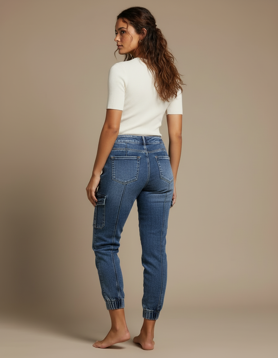 Pantalon Cargo Jean Bleu Délavé Taille Haute Femme - vue 2