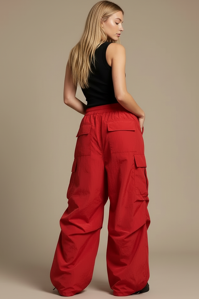 Pantalon Cargo Rouge Ample Fluide Streetwear Femme - Polyester - vue 2