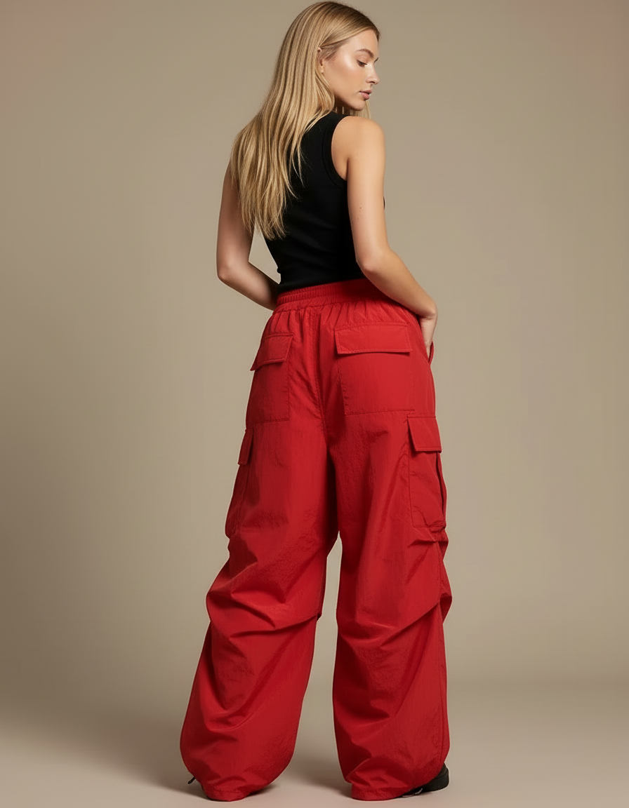 Pantalon Cargo Rouge Ample Fluide Streetwear Femme - Polyester - vue 2