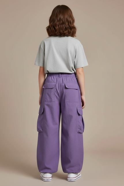 Pantalon Cargo Violet Ample Décontracté Multipoches Enfant - Polyester - vue 2