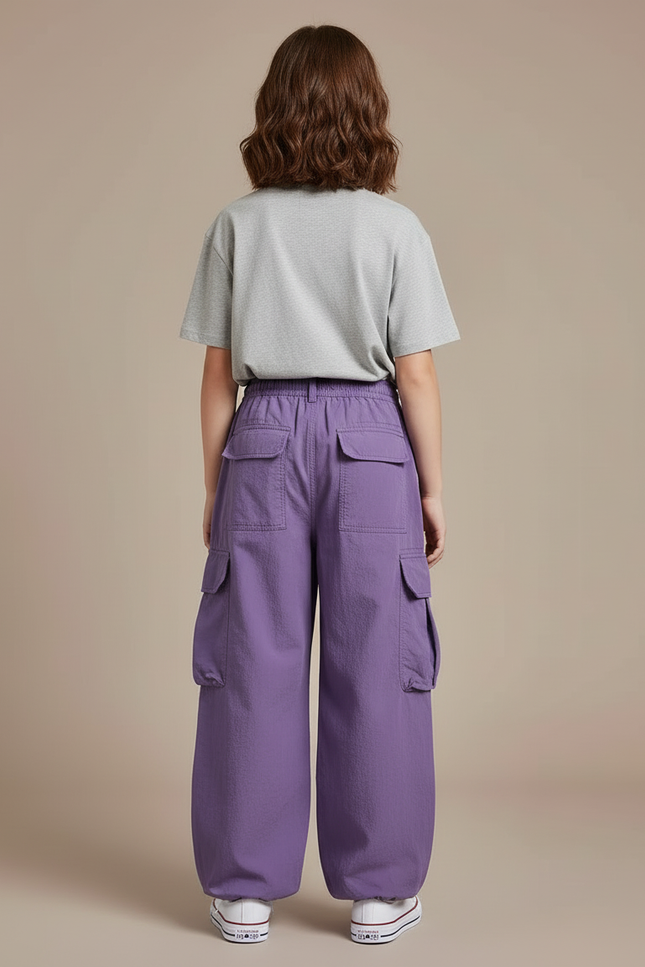 Pantalon Cargo Violet Ample Décontracté Multipoches Enfant - Polyester - vue 2