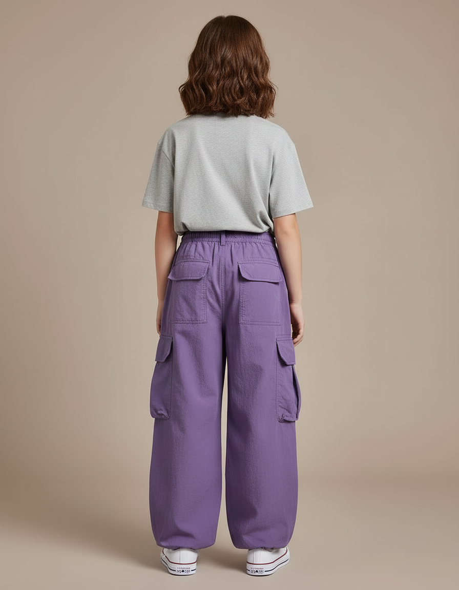 Pantalon Cargo Violet Ample Décontracté Multipoches Enfant - Polyester - vue 2