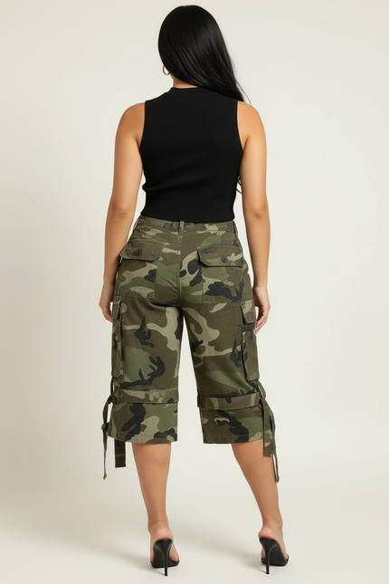 Pantalon Cargo Camouflage Militaire Ample Femme Court - Kaki Toile - vue 2