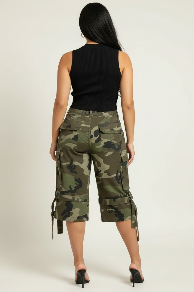 Pantalon Cargo Camouflage Militaire Ample Femme Court - Kaki Toile - vue 2