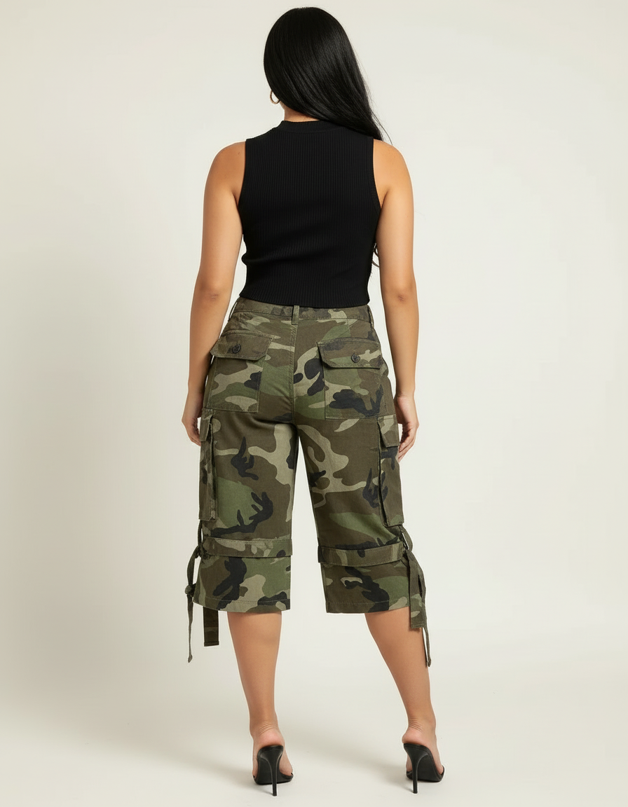 Pantalon Cargo Camouflage Militaire Ample Femme Court - Kaki Toile - vue 2