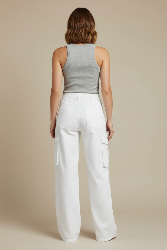 Pantalon Cargo Blanc Ample Poches Latérales Taille Haute - Gabardine - vue 2