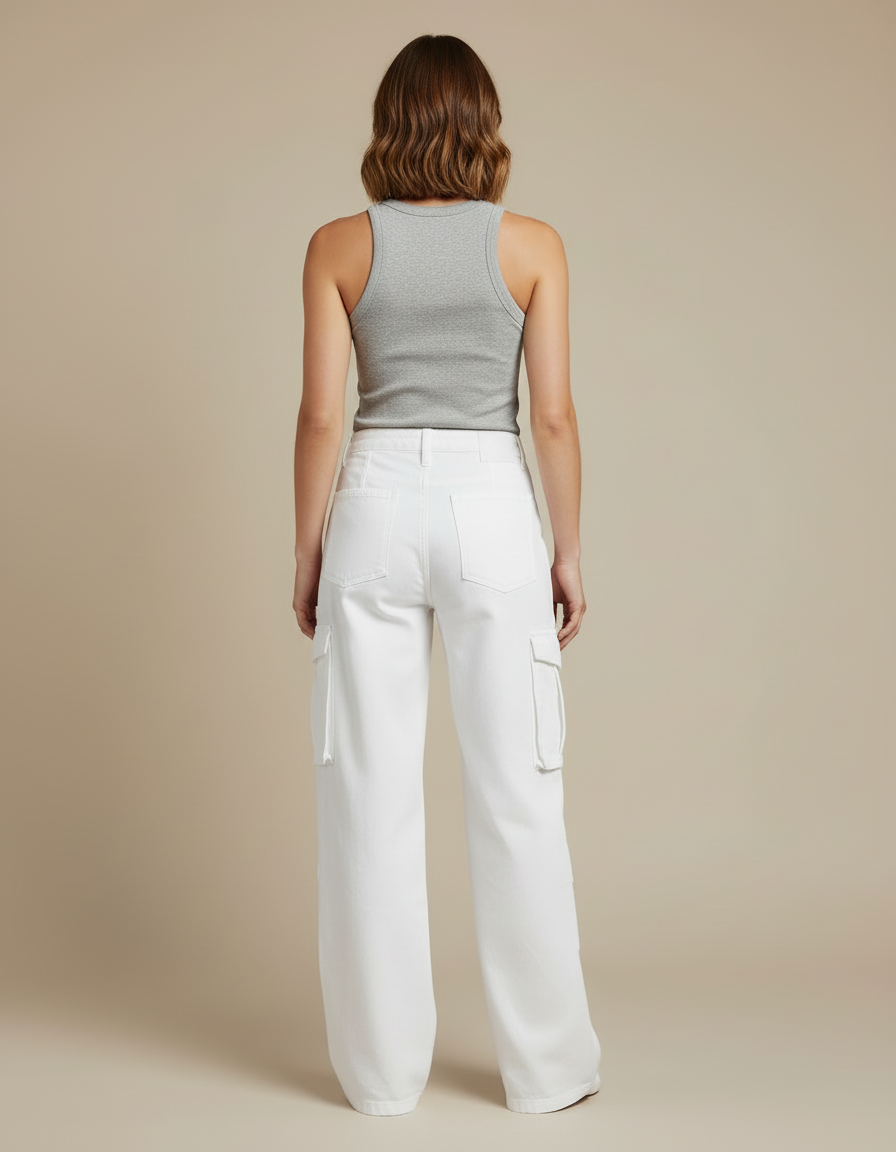 Pantalon Cargo Blanc Ample Poches Latérales Taille Haute - Gabardine - vue 2