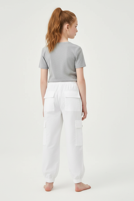 Pantalon Cargo Blanc Ample Multipoches Enfant - Gabardine - vue 2