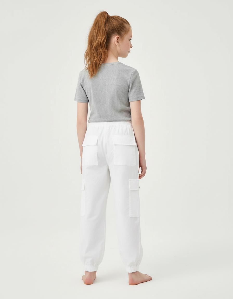 Pantalon Cargo Blanc Ample Multipoches Enfant - Gabardine - vue 2