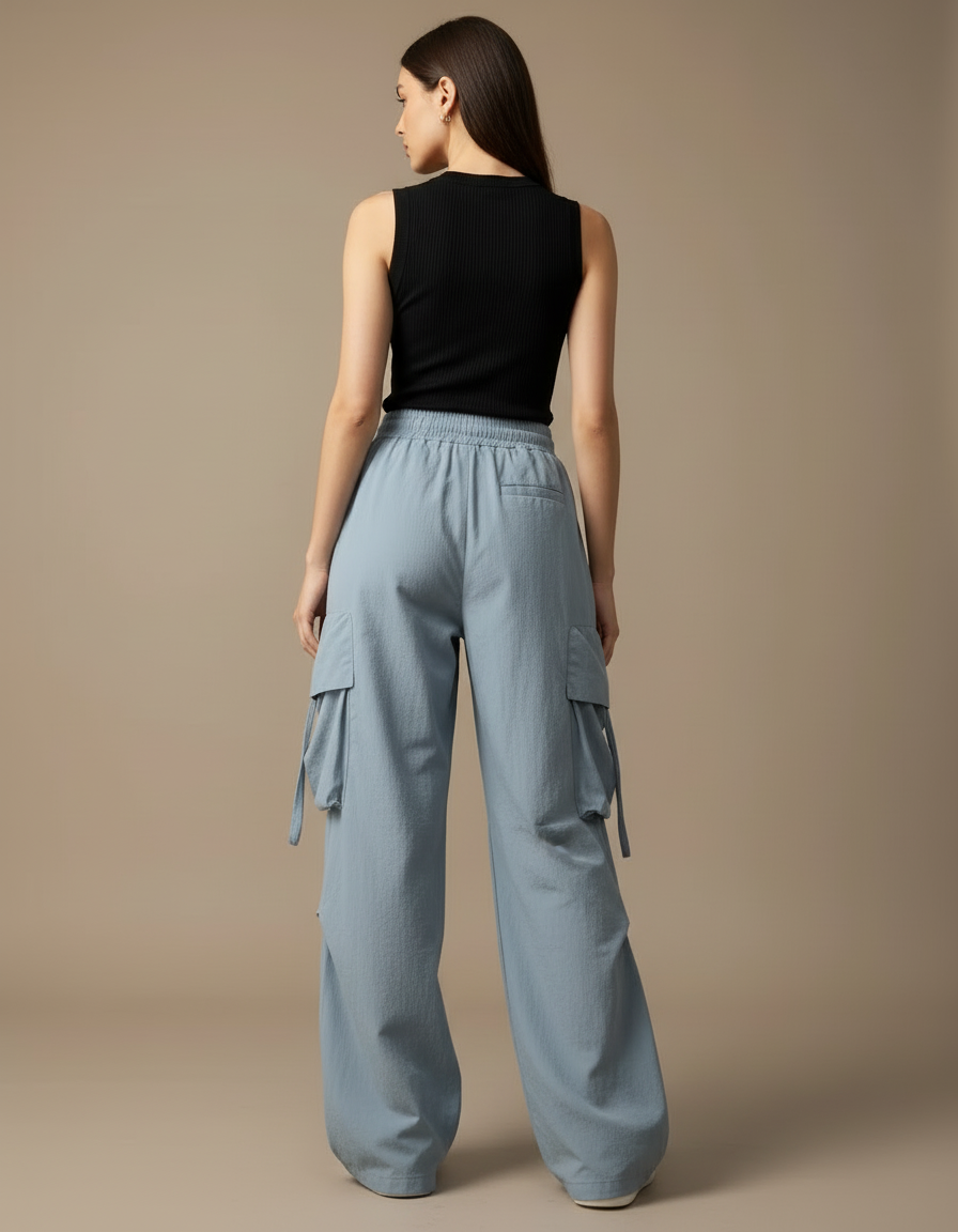 Pantalon Cargo Bleu Ample Multipoches Décontracté Femme - Polyester - vue 2