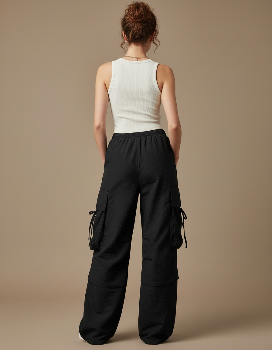 Pantalon Cargo Noir Ample Fluide Sportif Femme - Polyester - vue 2