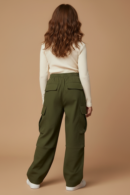 Pantalon Cargo Vert Ample Taille Élastique Fille - Kaki Gabardine - vue 2