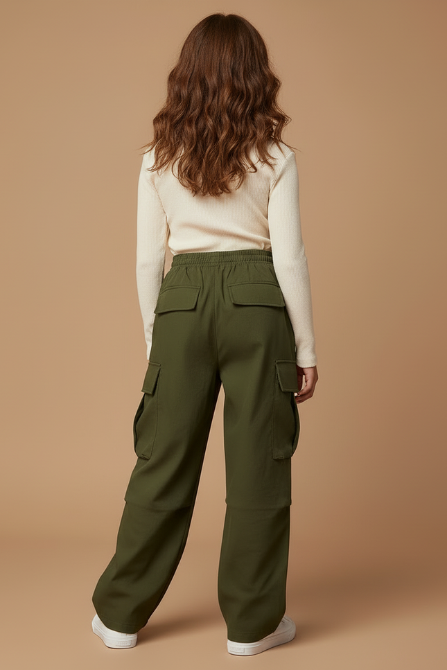 Pantalon Cargo Vert Ample Taille Élastique Fille - Kaki Gabardine - vue 2