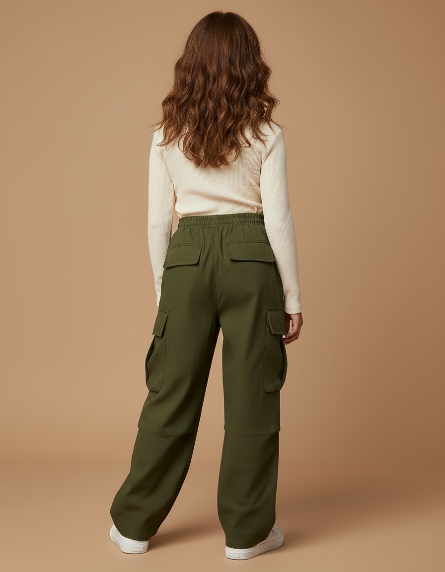 Pantalon Cargo Vert Ample Taille Élastique Fille - Kaki Gabardine - vue 2