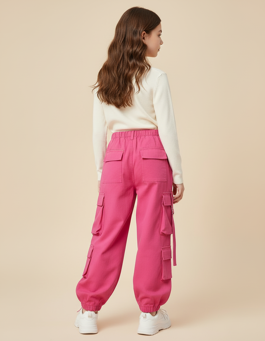 Pantalon Cargo Fuchsia Ample Poches Fille - Rose Coton - vue 2