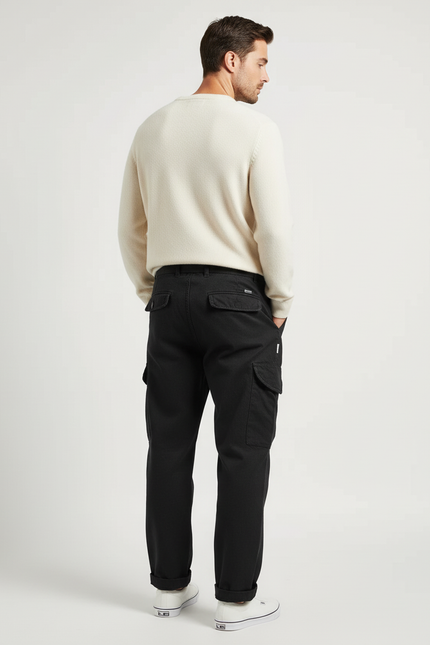 Pantalon Cargo Noir Coton Ample Décontracté Multipoches Homme - vue 2
