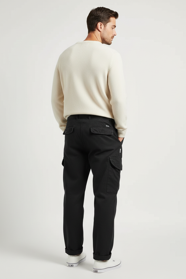 Pantalon Cargo Noir Coton Ample Décontracté Multipoches Homme - vue 2