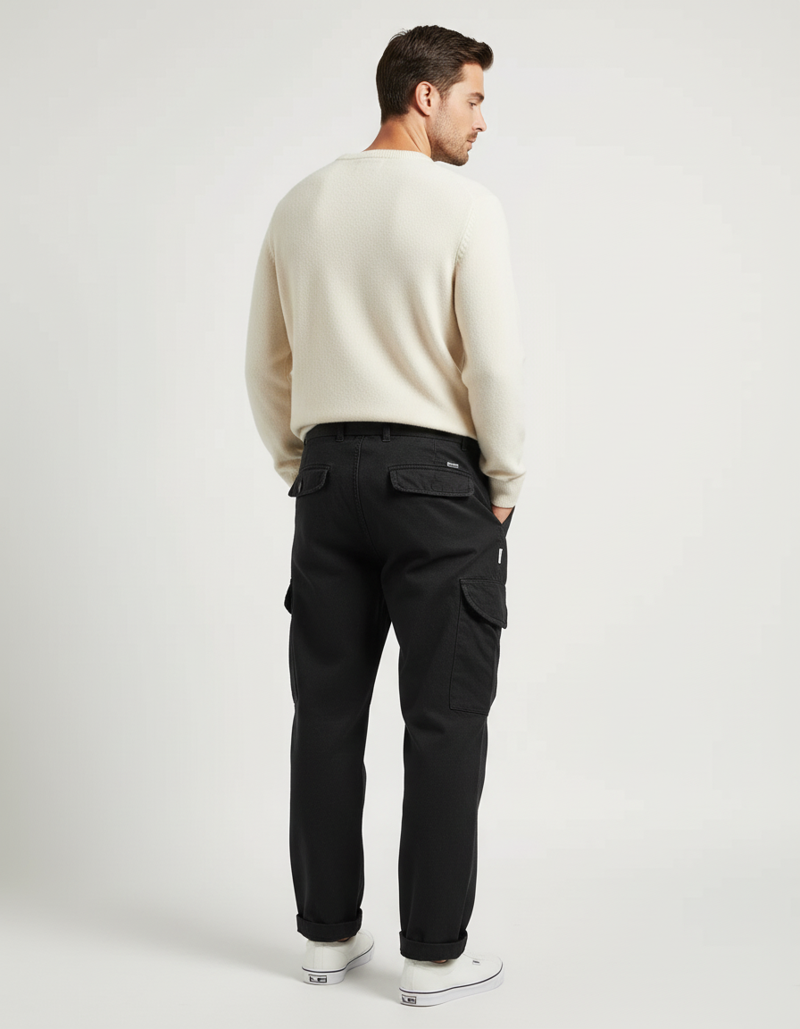 Pantalon Cargo Noir Coton Ample Décontracté Multipoches Homme - vue 2