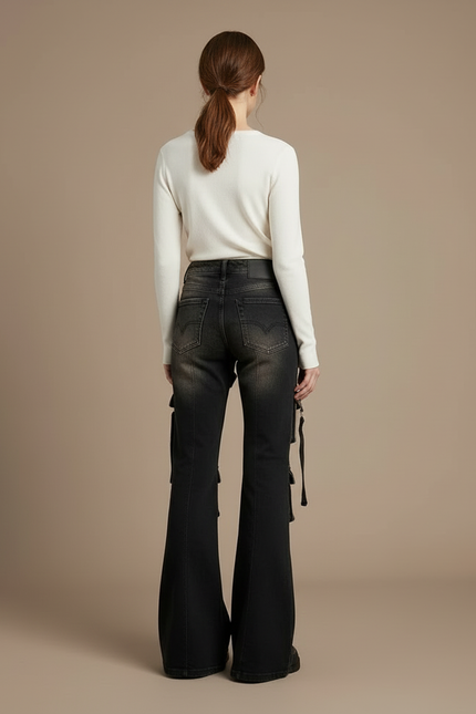 Pantalon Cargo Évasé Vintage Distressed Ceinturé Femme - Noir Jean - vue 2