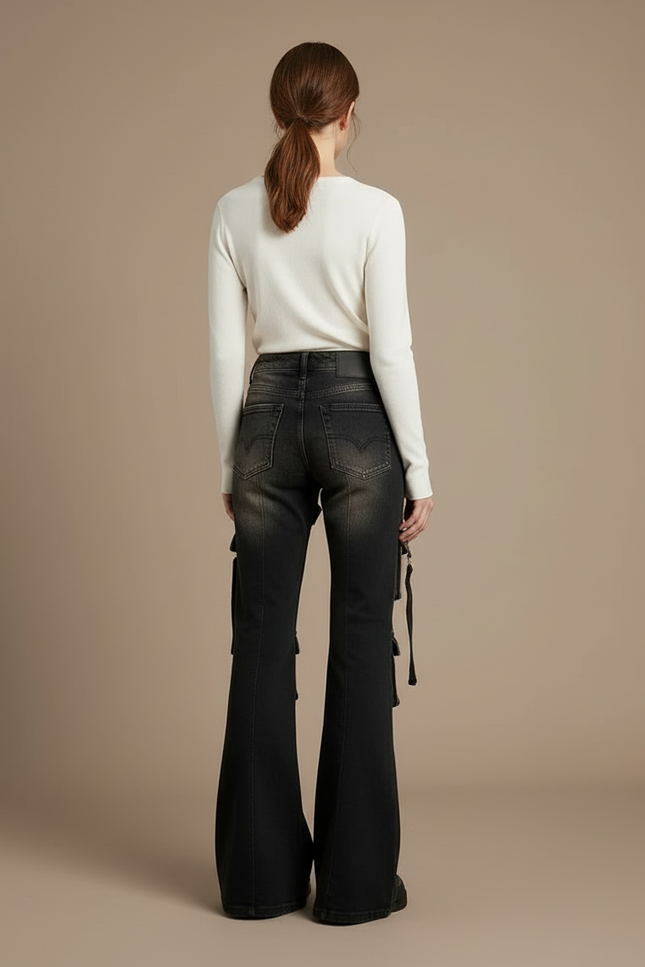 Pantalon Cargo Évasé Vintage Distressed Ceinturé Femme - Noir Jean - vue 2