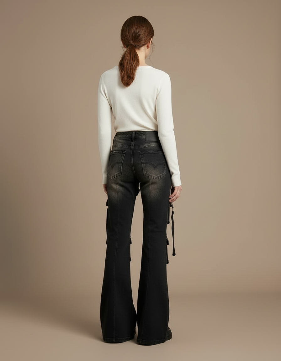 Pantalon Cargo Évasé Vintage Distressed Ceinturé Femme - Noir Jean - vue 2