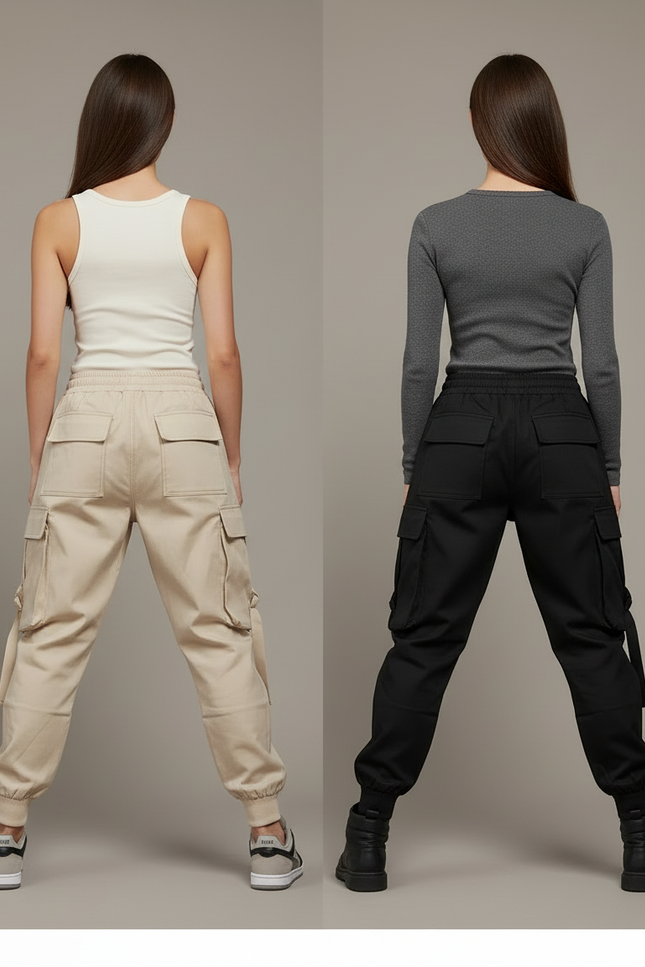 Pantalon Cargo Femme Streetwear Ample Cordon Taille Haute - Beige Toile - vue 2