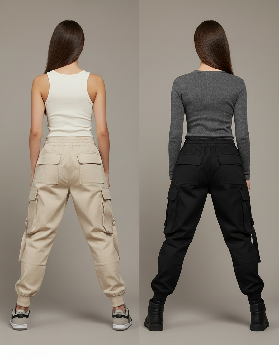 Pantalon Cargo Femme Streetwear Ample Cordon Taille Haute - Beige Toile - vue 2