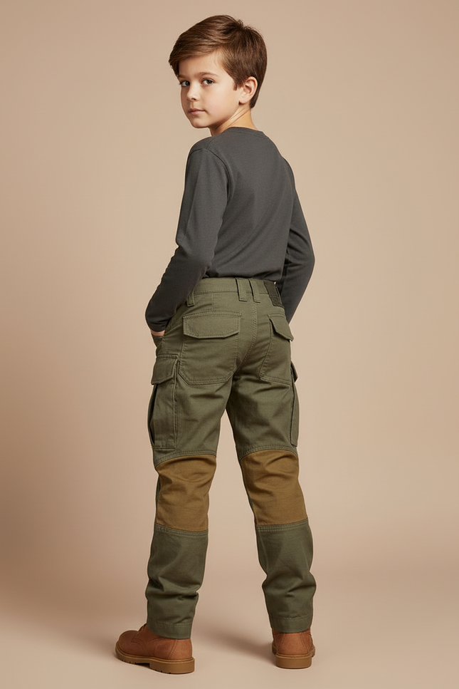 Pantalon Cargo Vert Militaire Renforcé Multipoches Enfant - Kaki Toile - vue 2