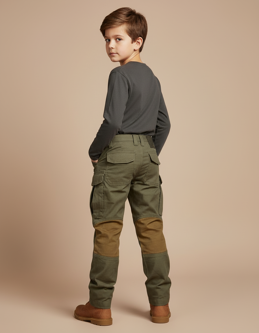 Pantalon Cargo Vert Militaire Renforcé Multipoches Enfant - Kaki Toile - vue 2