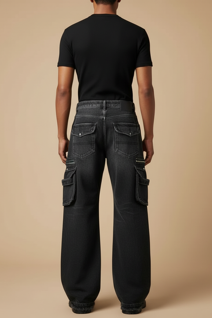 Pantalon Cargo Noir Délavé Multipoches Zippées Ample - Jean - vue 2