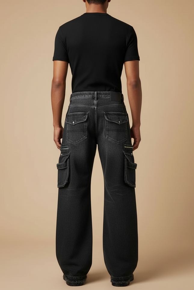 Pantalon Cargo Noir Délavé Multipoches Zippées Ample - Jean - vue 2