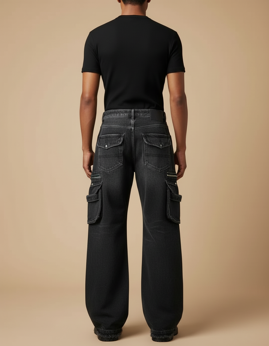 Pantalon Cargo Noir Délavé Multipoches Zippées Ample - Jean - vue 2