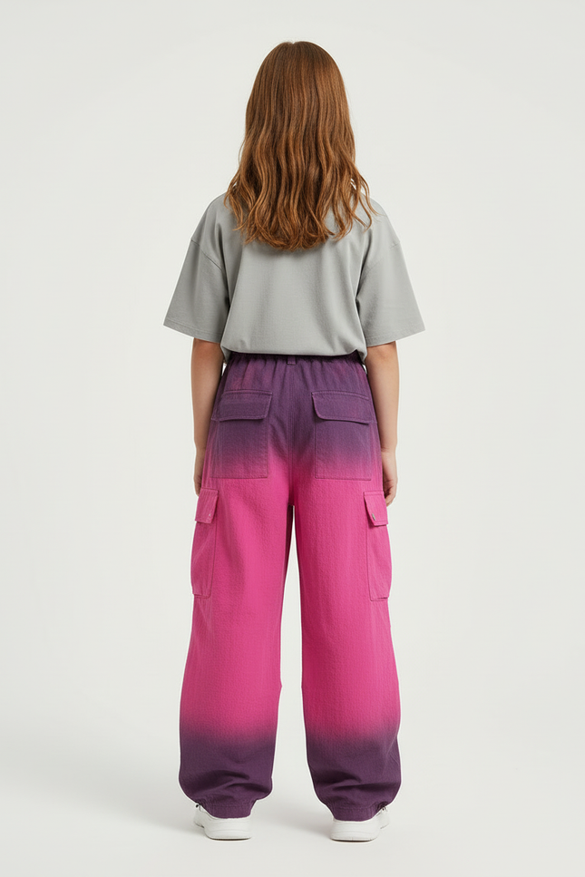 Pantalon Cargo Fille Dégradé Ample Poches Rose - Polyester - vue 2