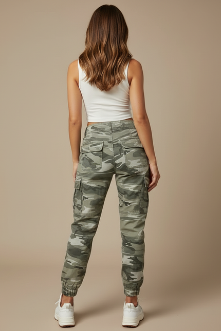 Pantalon Cargo Camouflage Vert Ample Poches Femme - Toile - vue 2