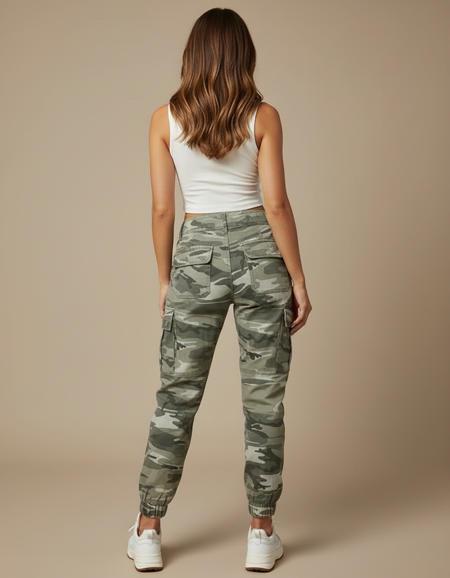 Pantalon Cargo Camouflage Vert Ample Poches Femme - Toile - vue 2