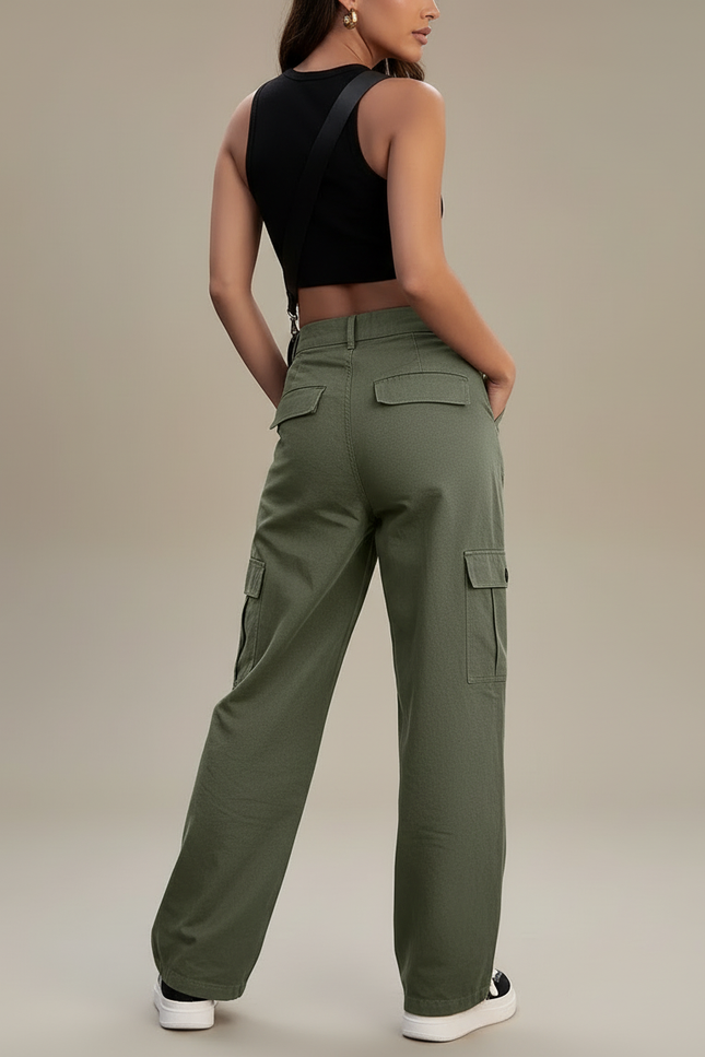 Pantalon Cargo Vert Kaki Ample Décontracté Coton - Toile - vue 2