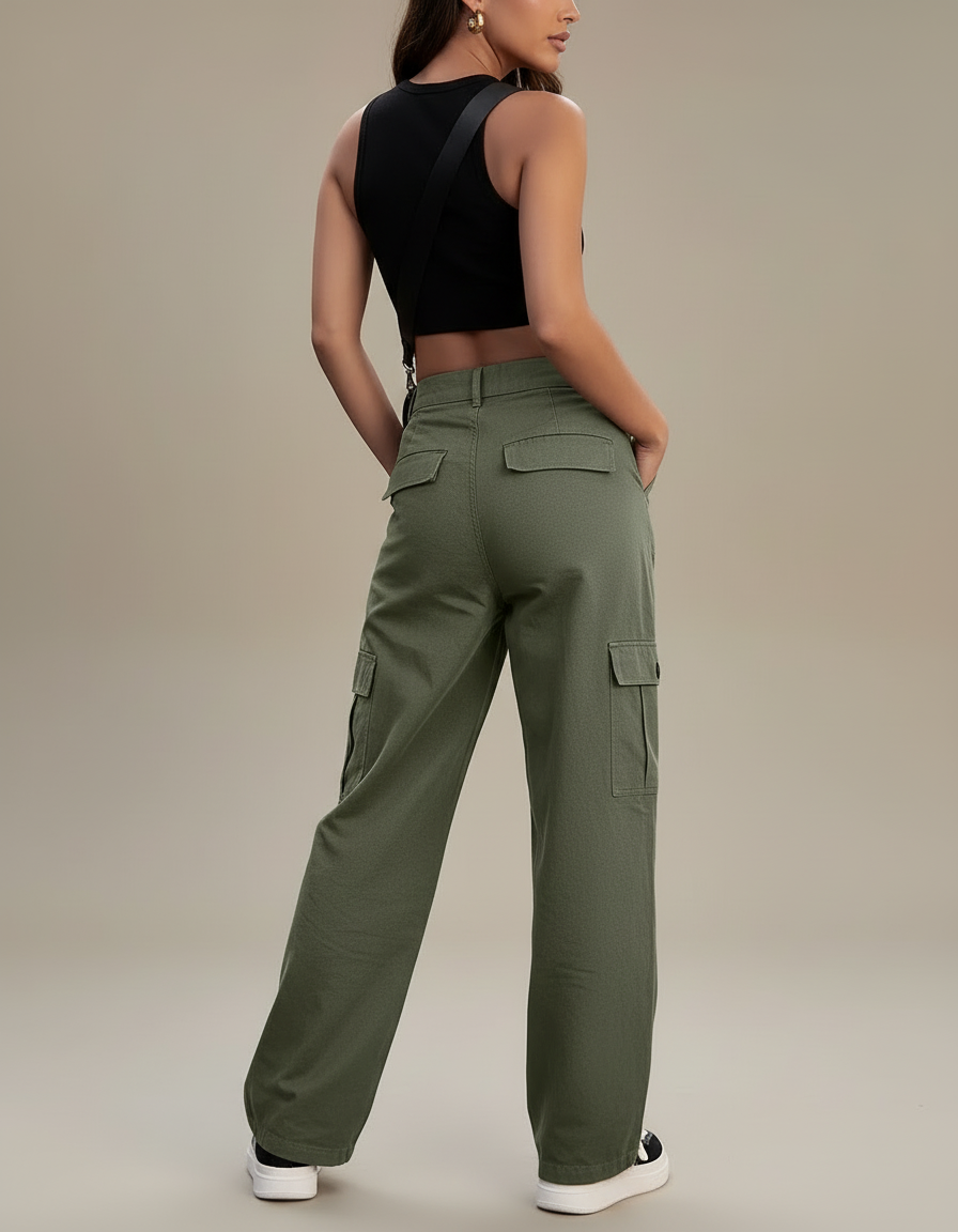 Pantalon Cargo Vert Kaki Ample Décontracté Coton - Toile - vue 2