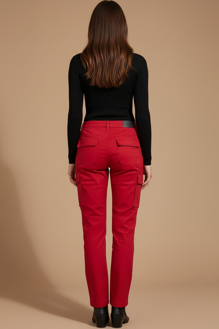 Pantalon Cargo Rouge Droit Multipoches Femme Coton - Toile - vue 2