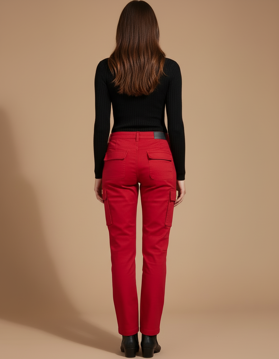 Pantalon Cargo Rouge Droit Multipoches Femme Coton - Toile - vue 2