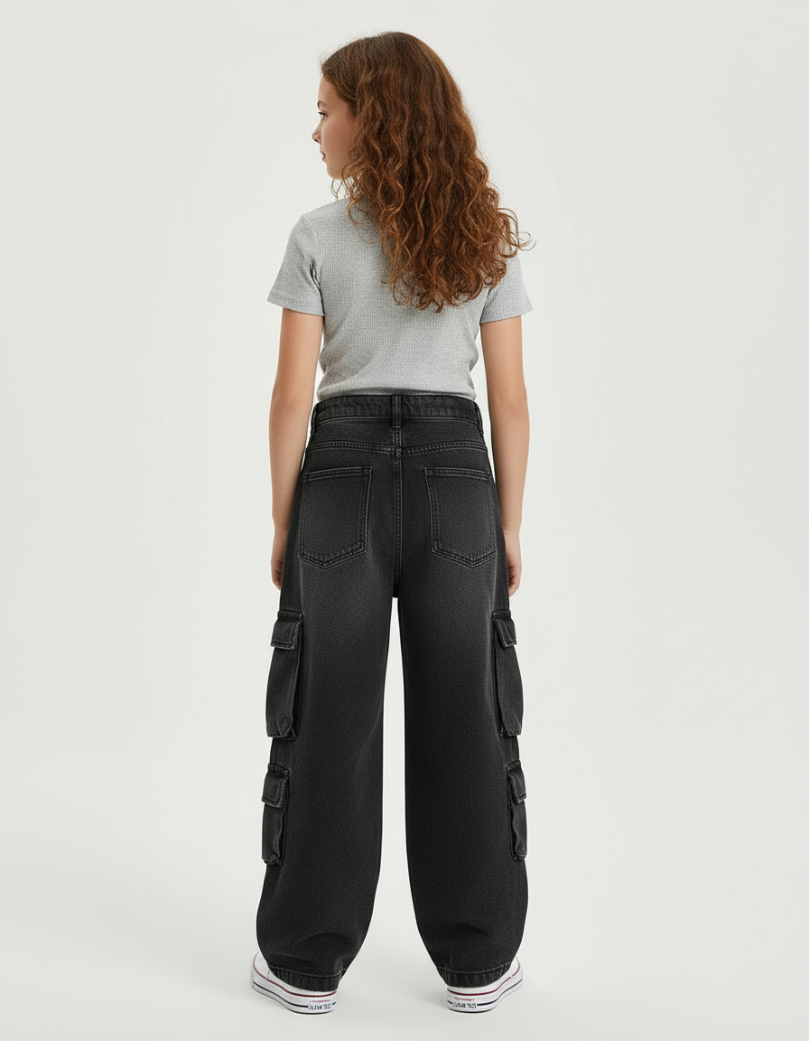 Pantalon Cargo Noir Ample Denim Multipoches Fille - Jean - vue 2