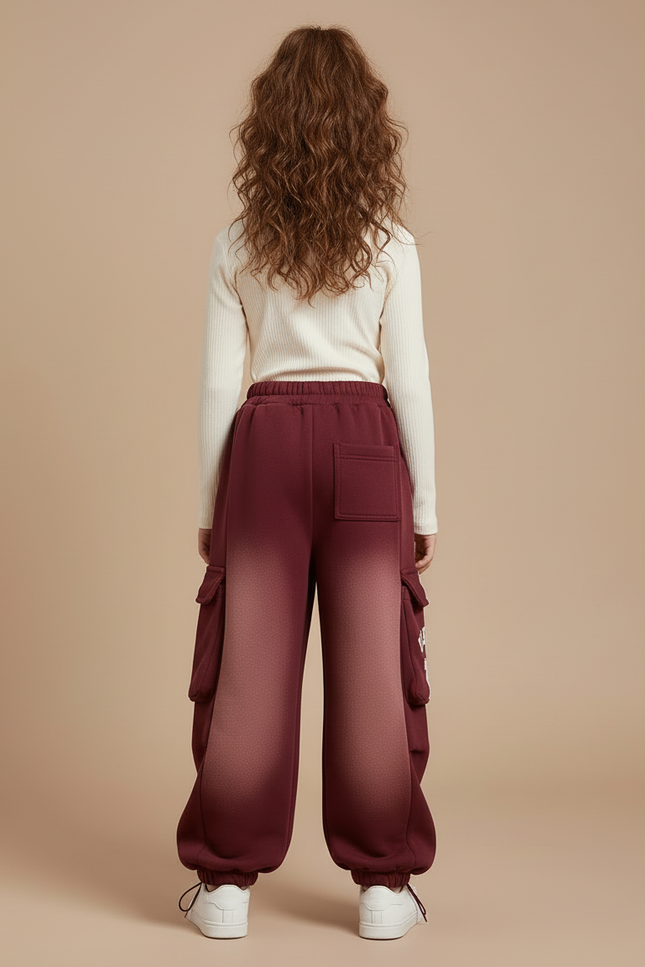 Pantalon Cargo Bicolore Multipoches Rayures Blanches Fille - Bordeaux Molleton - vue 2