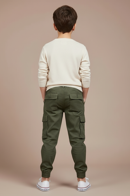Pantalon Cargo Vert Olive Coton Multipoches Enfant - Kaki Toile - vue 2
