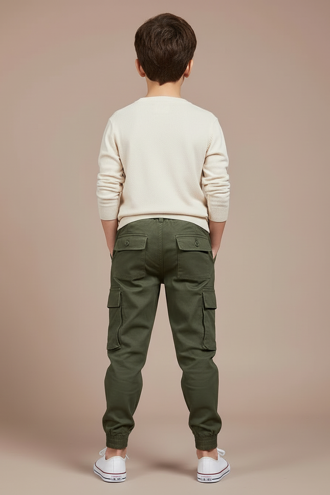 Pantalon Cargo Vert Olive Coton Multipoches Enfant - Kaki Toile - vue 2