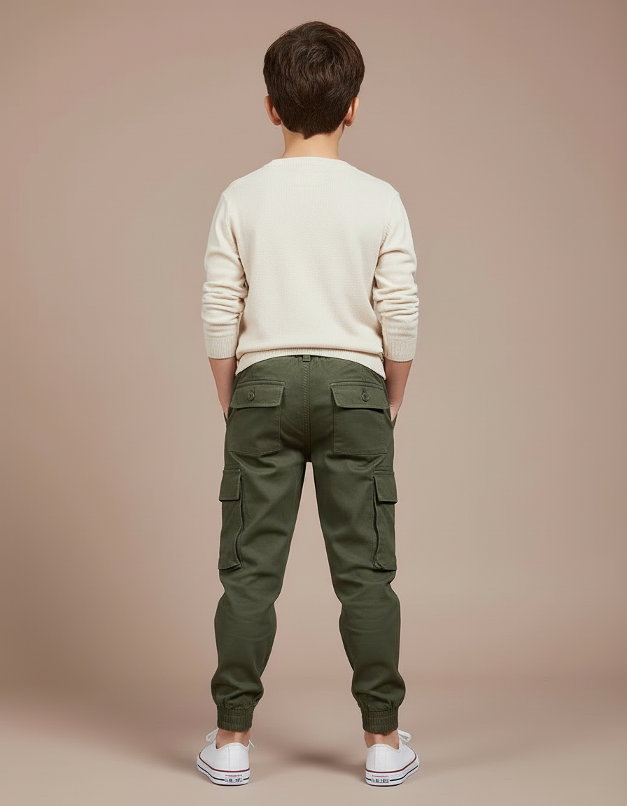Pantalon Cargo Vert Olive Coton Multipoches Enfant - Kaki Toile - vue 2