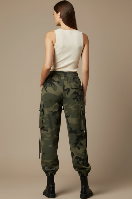 Pantalon Cargo Camouflage Vert Ample Militaire Femme - Molleton - vue 2