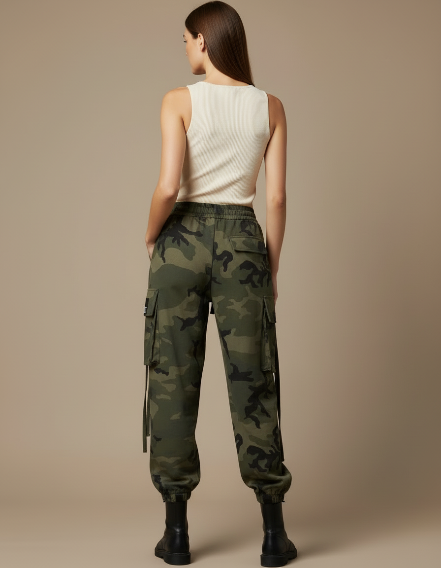 Pantalon Cargo Camouflage Vert Ample Militaire Femme - Molleton - vue 2