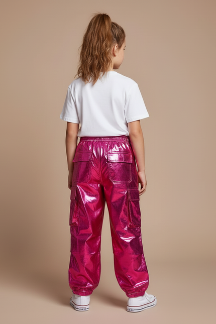 Pantalon Cargo Fuchsia Ample Brillant Fille - Rose Polyester - vue 2