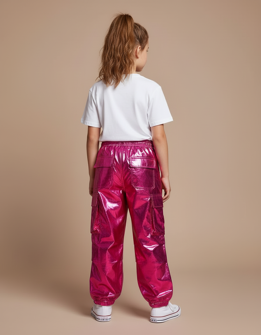 Pantalon Cargo Fuchsia Ample Brillant Fille - Rose Polyester - vue 2