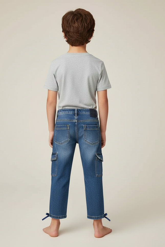 Pantalon Cargo Denim Bleu Multipoches Garçon Laçage - Jean - vue 2