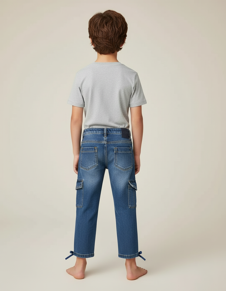 Pantalon Cargo Denim Bleu Multipoches Garçon Laçage - Jean - vue 2